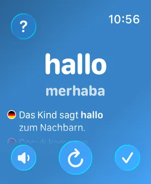 Apple Watch'taki Watch Your Language uygulaması hallo kelimesini, merhaba çevirisini ve Almanca bir örnek cümleyi gösteriyor