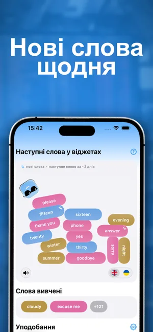 Застосунок на iPhone показує наступні слова, які з'являться у віджетах, і слова, які вже вивчено