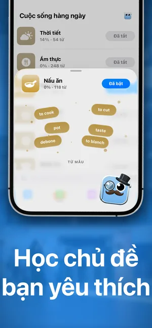 Các bộ chủ đề trong ứng dụng iPhone, với bộ Nấu ăn đang bật và các từ mẫu như to cook, taste