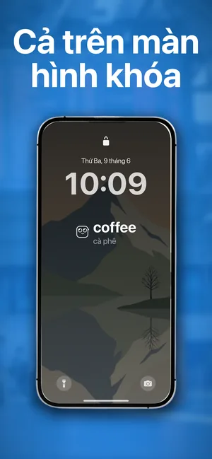 Màn hình khóa iPhone với widget từ vựng coffee, cà phê bên dưới giờ