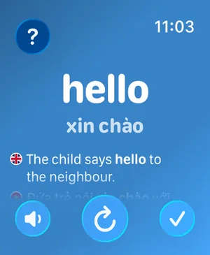 Ứng dụng trên Apple Watch hiển thị từ tiếng Anh hello, bản dịch xin chào, câu ví dụ tiếng Anh và bản dịch tiếng Việt