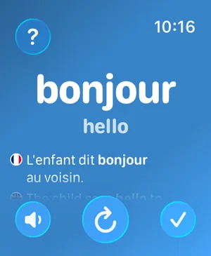 The Watch Your Language app on Apple Watch showing bonjour, hello, an example sentence and buttons to listen, go to the next word and mark it as learned