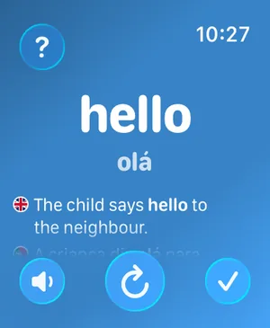 O aplicativo Watch Your Language no Apple Watch mostrando hello, olá, uma frase de exemplo e botões para ouvir, ir para a próxima palavra e marcar como aprendida