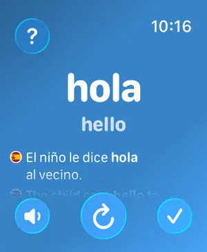 The Watch Your Language app on Apple Watch showing hola, hello, with an example sentence in Spanish
