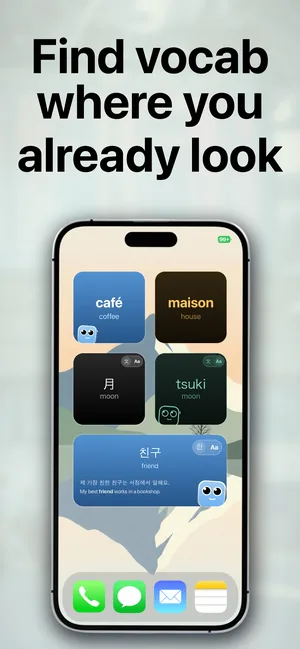 An iPhone Home Screen with vocabulary widgets in French, Japanese and Korean