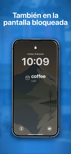 Una pantalla de bloqueo de iPhone con un widget de vocabulario bajo el reloj mostrando coffee, café