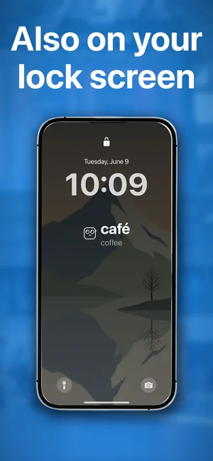 An iPhone Lock Screen with a vocabulary widget under the clock showing café, coffee