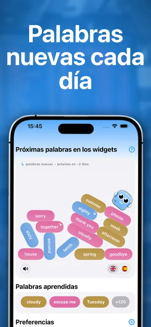 La app en iPhone mostrando las próximas palabras que aparecerán en los widgets y las palabras ya aprendidas