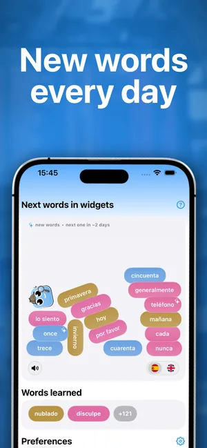 The iPhone app listing the next words that will appear in the widgets and the words already learned