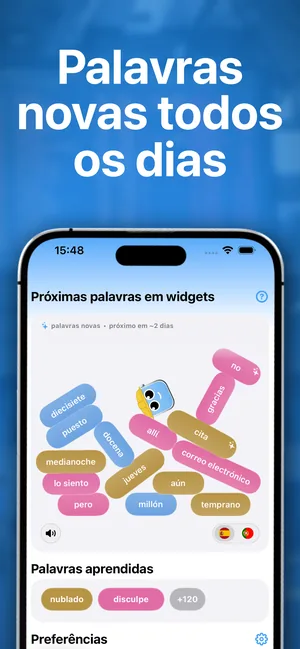 O aplicativo do iPhone exibindo as próximas palavras que vão aparecer nos widgets e as palavras já aprendidas