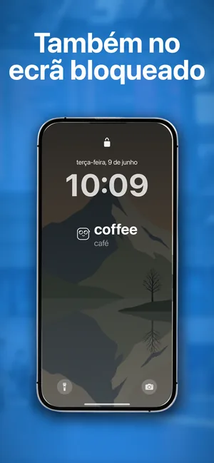 Uma tela de bloqueio do iPhone com um widget de vocabulário abaixo do relógio mostrando coffee, café