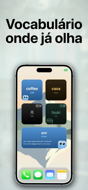 Uma tela de início do iPhone com widgets de vocabulário em inglês, japonês e francês, com as traduções em português