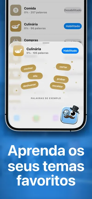 Os pacotes de temas do aplicativo para iPhone, com Culinária habilitada e palavras de exemplo como cocinar e probar