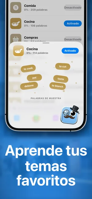 Los packs temáticos de la app en iPhone, con Cocina activado y palabras de muestra como to cook y pot