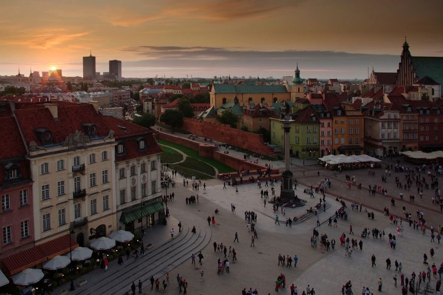 The Old Town square in Warsaw at sunset