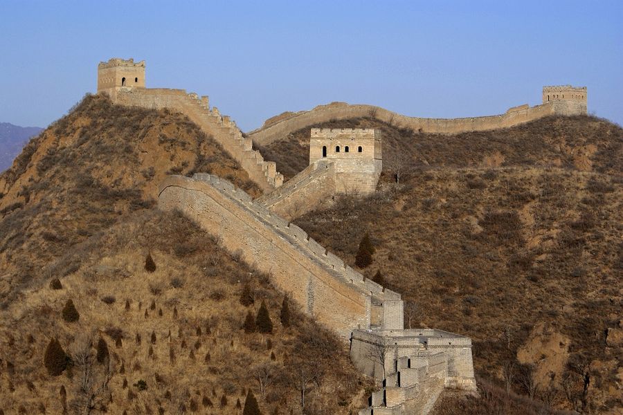 The Great Wall of China winding over the hills
