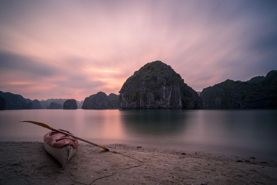Limestone islands rising from the sea in Ha Long Bay, Vietnam