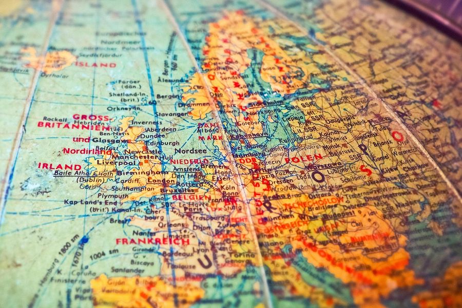 A close-up of a globe showing Europe