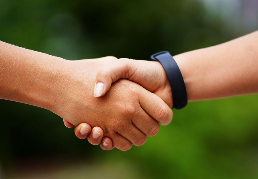 Two people shaking hands outdoors as a greeting