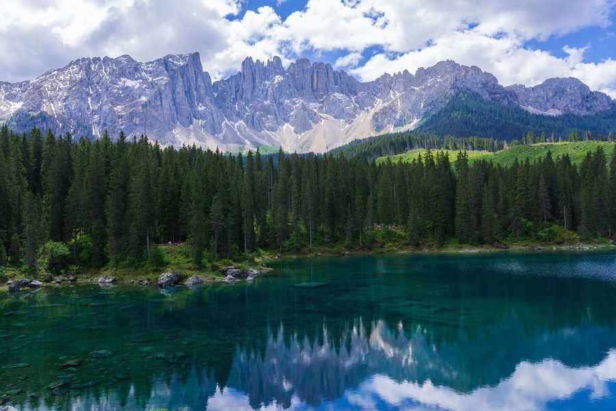 A clear mountain lake surrounded by pine forest